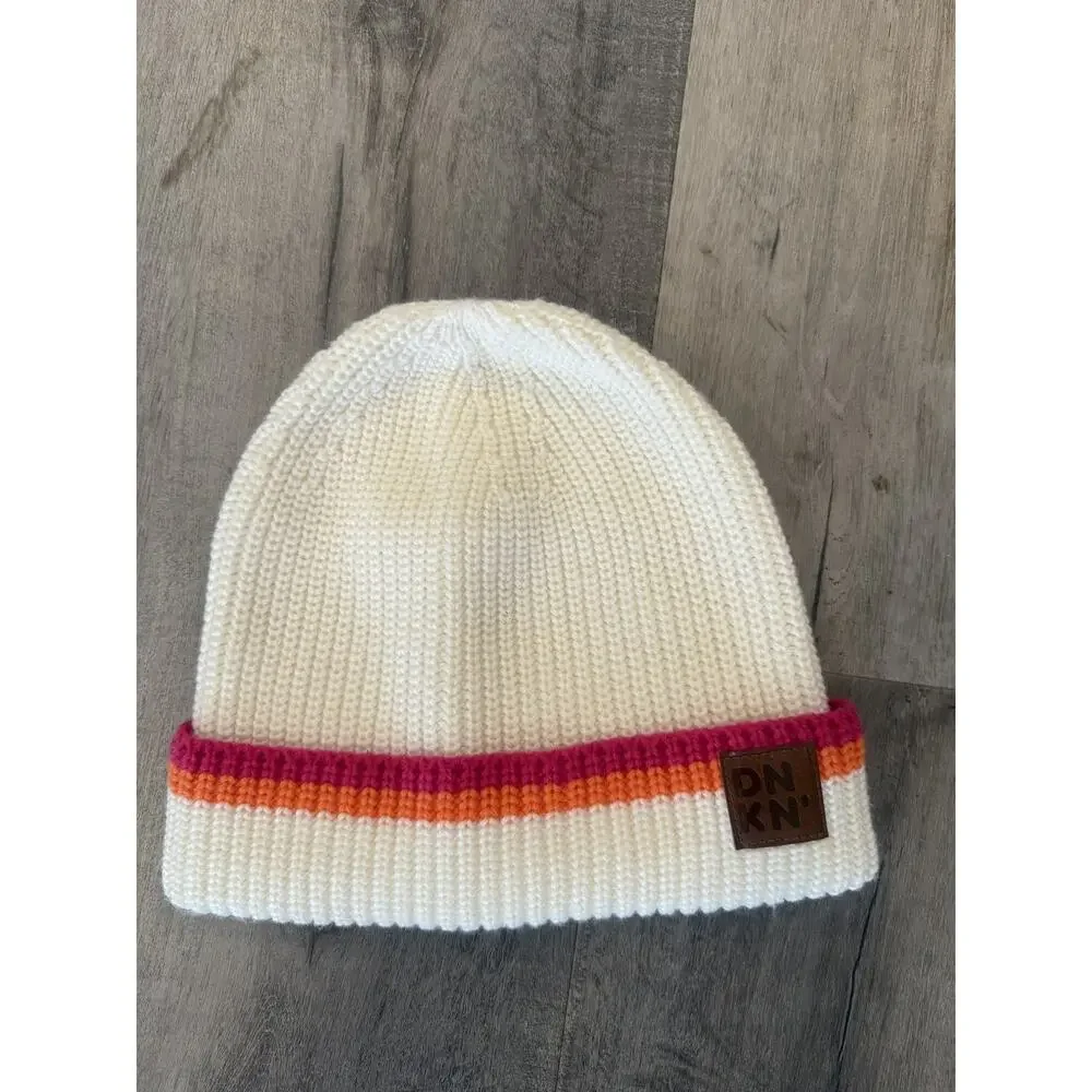 Dunkin Hat Beanie Cuff Knit White Pink Orange Stripe DNKN Winter Warm Unisex - Picture 1 of 4